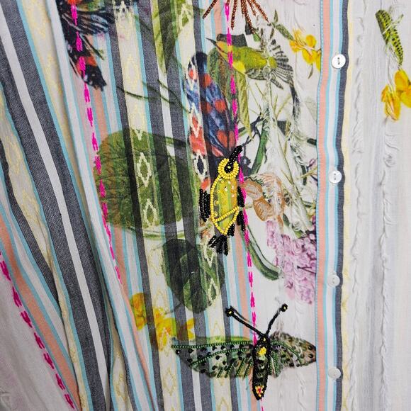 Chico's Women's Printed Embellished Floral Top Size 8 Embroidered Beaded Striped - Picture 4 of 11